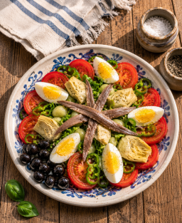 Recette de la Salade Niçoise — salade méditerranéenne crue et fraîche du Vieux-Nice
