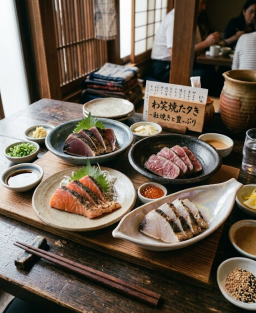 Recette traditionnelle du tataki japonais, technique de saisie rapide et de choc froid appliquée au poisson et à la viande