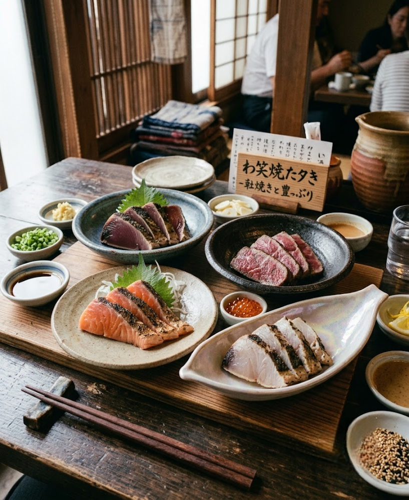 Recette traditionnelle du tataki japonais, technique de saisie rapide et de choc froid appliquée au poisson et à la viande