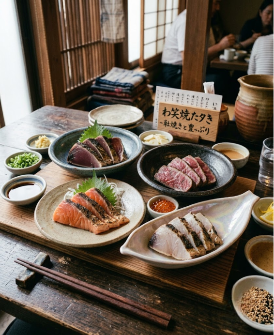 Recette traditionnelle du tataki japonais, technique de saisie rapide et de choc froid appliquée au poisson et à la viande