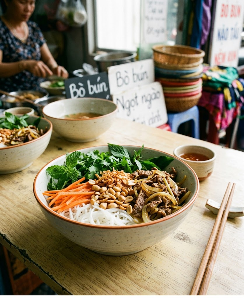 Recette traditionnelle du Bò bún vietnamien : vermicelles de riz, bœuf sauté et nuoc mam (bún thịt bò xào)