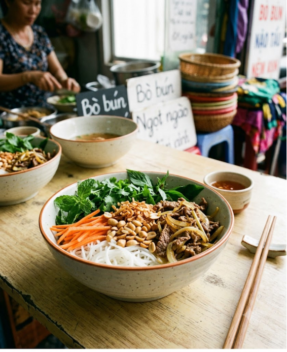 Recette traditionnelle du Bò bún vietnamien : vermicelles de riz, bœuf sauté et nuoc mam (bún thịt bò xào)
