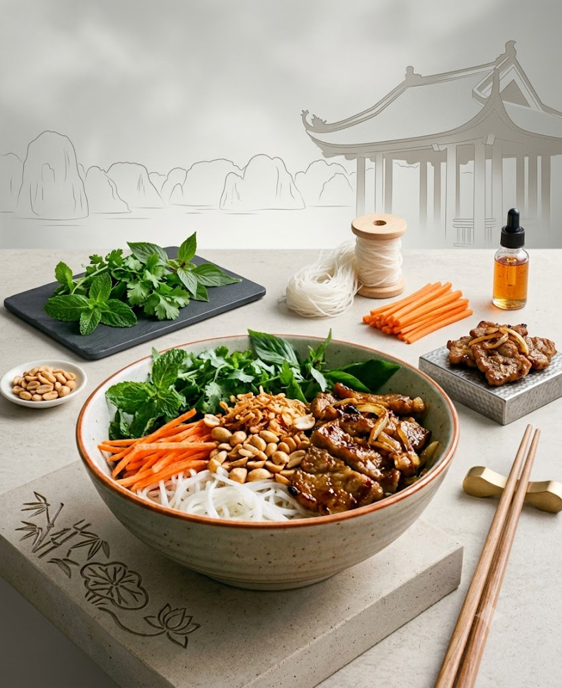 Recette du bún thịt nướng, plat du Sud du Vietnam, salade de vermicelles de riz (bún) servie fraîche